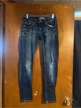 Daytrip Womens Dark Wash Skinny Jeans with Subtle Distressing